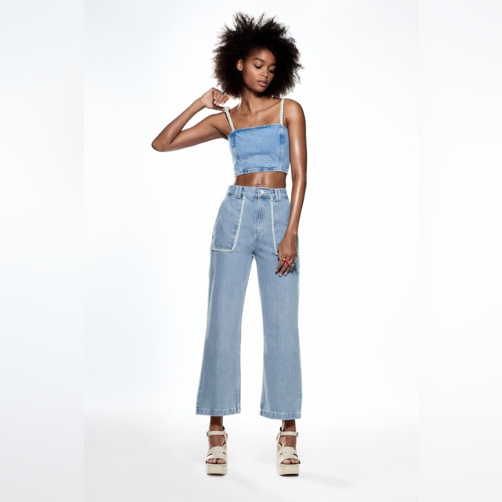 LAST🔥Zara Denim Matching 2 Piece Set! Stitch & Rhinestone Detail. - Picture 1 of 15